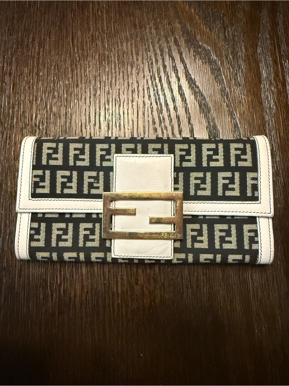 Fendi Black & White FF Logo Continental Wallet with Gold Buckle Accent